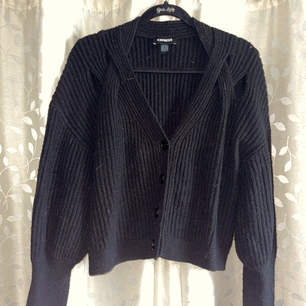 EXPRESS black cardigan. Cutout details and Bishop Sleeves. Large